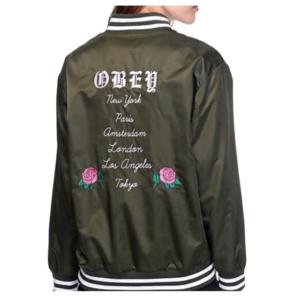 Obey Worldwide Olive Green Bomber Jacket Embroidered Cities Roses Womens Small
